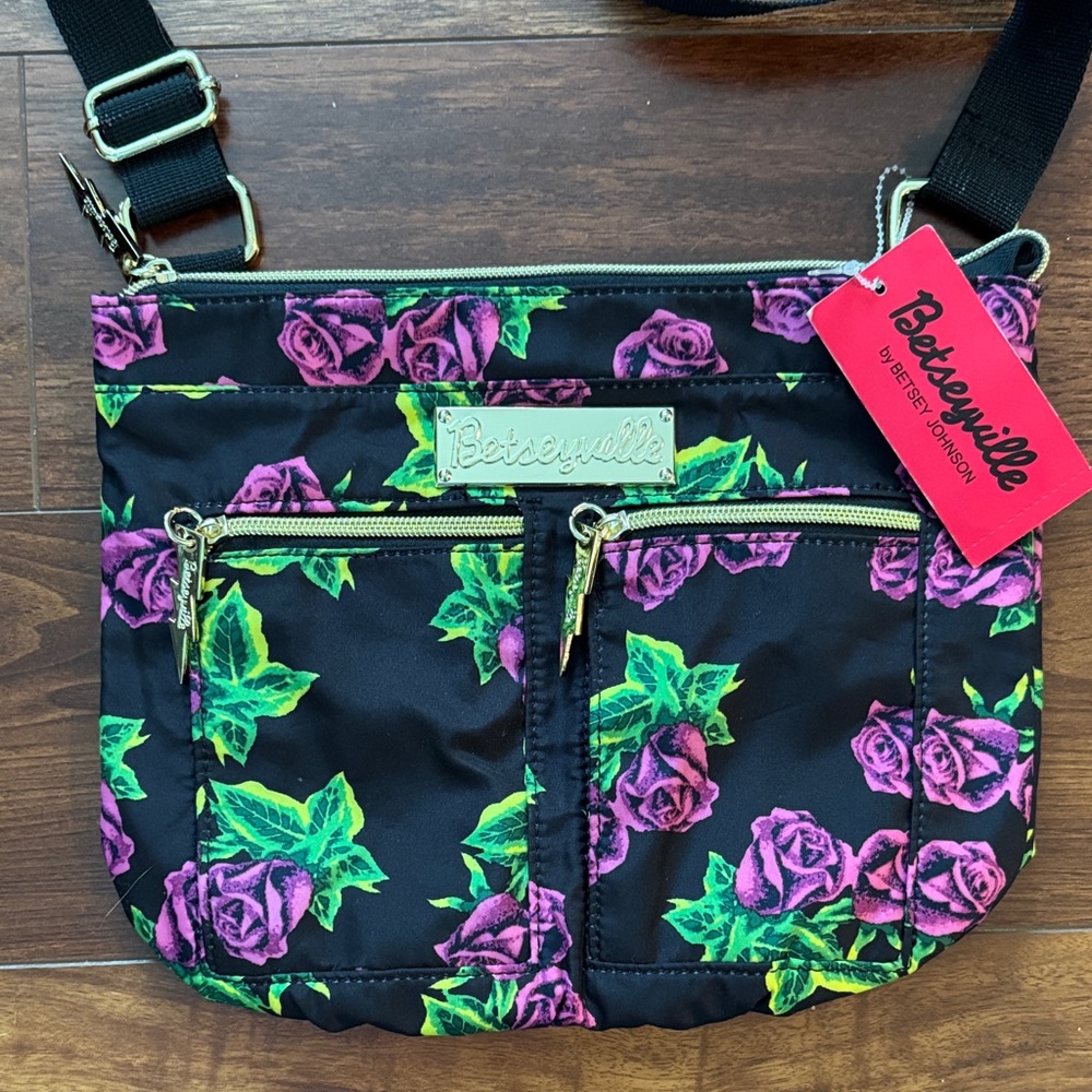 Betsey Johnson Tin Can Rose Black and Purple Floral Crossbody Bag, NWT!